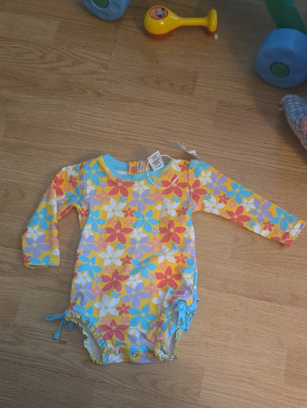 Ruffle Butts Yellow & Blue Floral Ruffle-Sleeve One-Piece NEW